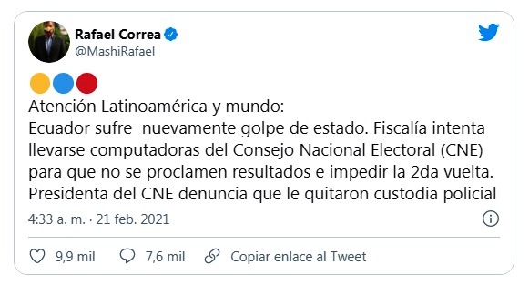 Rafael Correa alerta que en Ecuador se produce nuevo golpe de Estado
